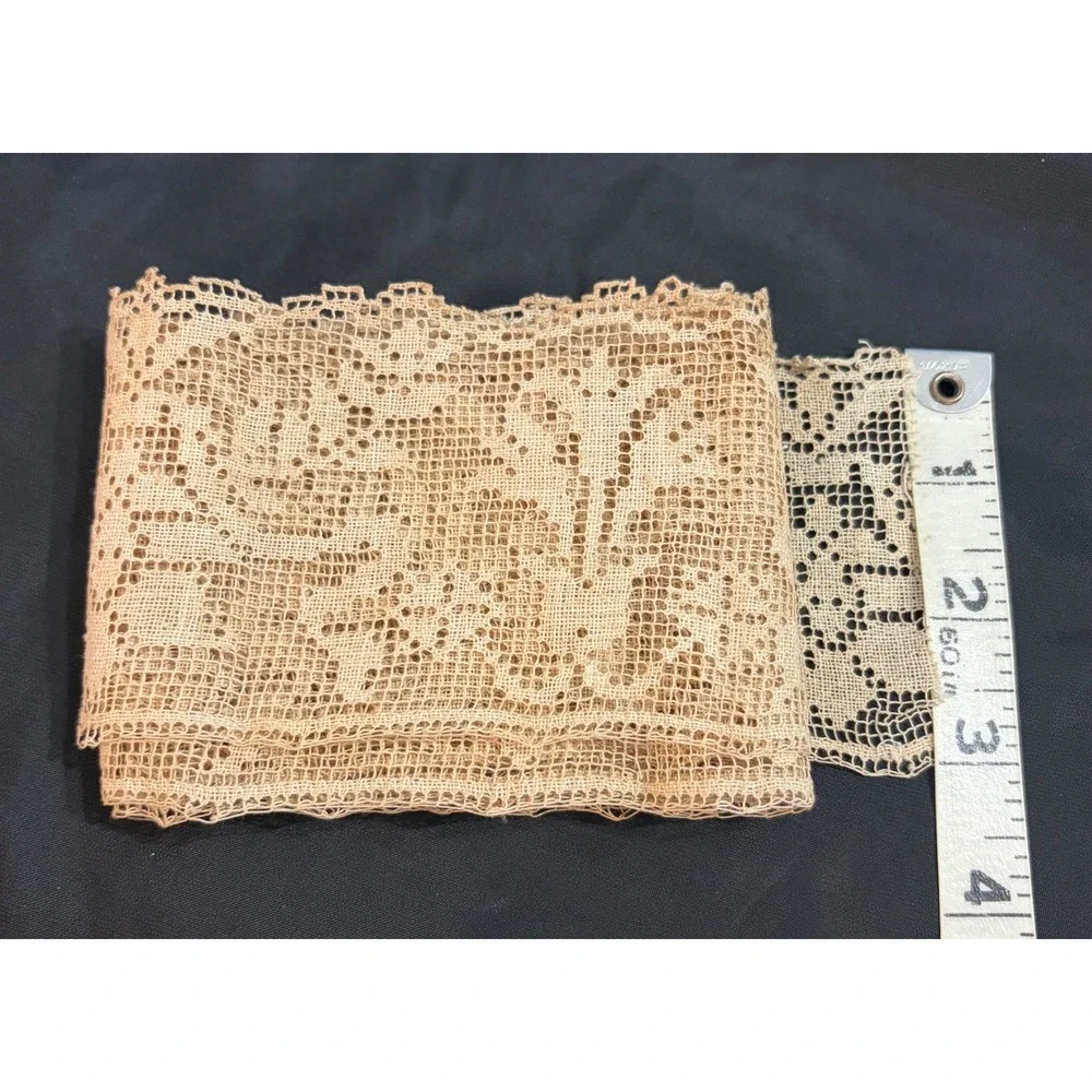 Antique Filet Lace Edging Scalloped Floral Trim Ecru Cotton 2 Yards 3.5 Wide